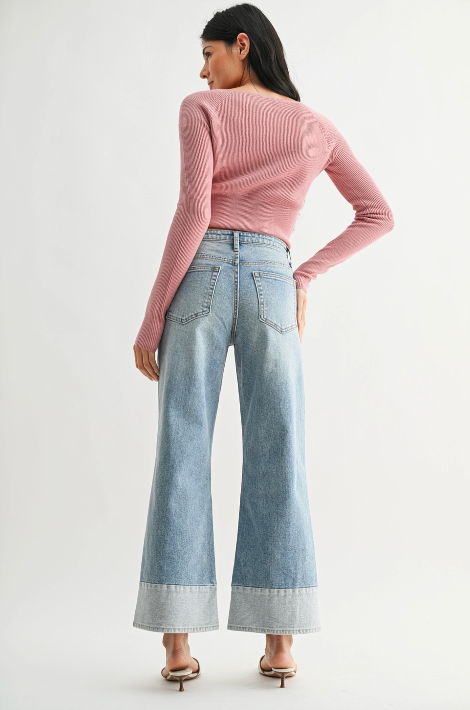Tucker Two Toned Hem Seamed Slim Wide Jeans