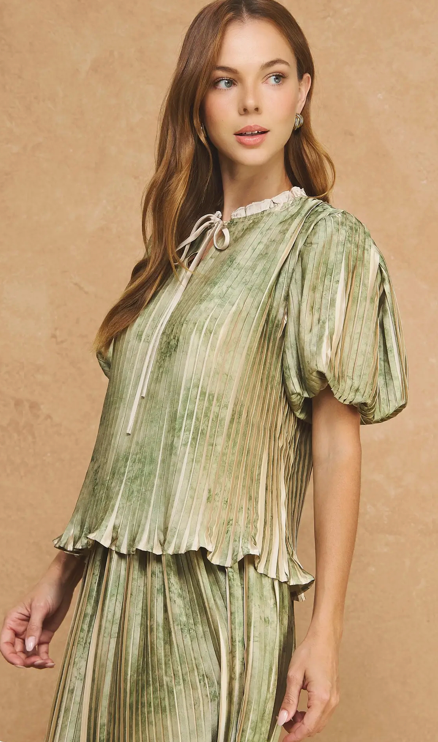 Noelle Pleated Puff Sleeve Satin Blouse