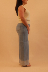 Tucker Two Toned Hem Seamed Slim Wide Jeans