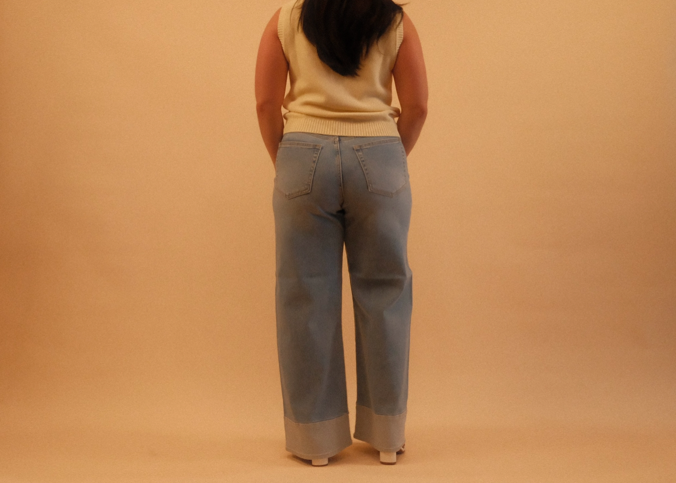 Tucker Two Toned Hem Seamed Slim Wide Jeans