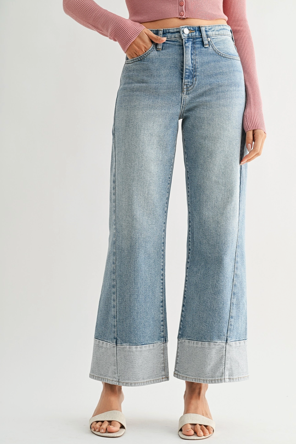 Tucker Two Toned Hem Seamed Slim Wide Jeans