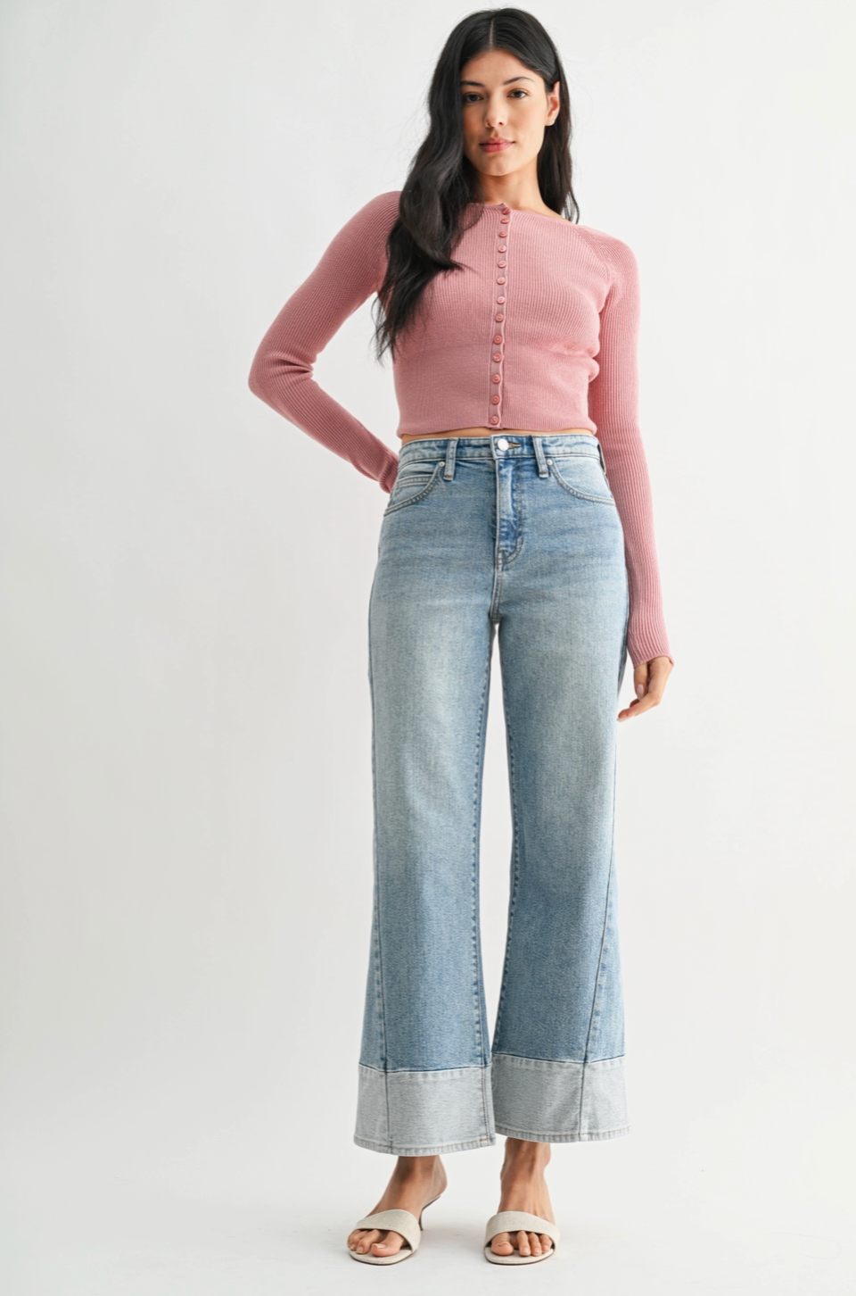 Tucker Two Toned Hem Seamed Slim Wide Jeans