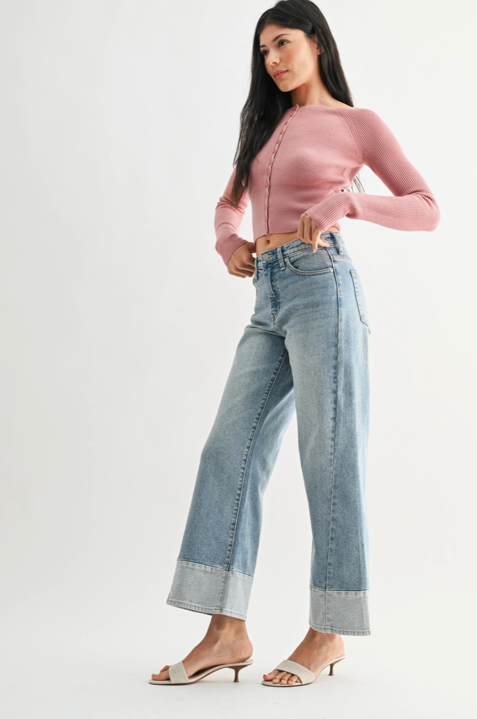 Tucker Two Toned Hem Seamed Slim Wide Jeans