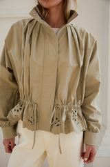 Pleated High-Neck Eyelet Scallop Jacket