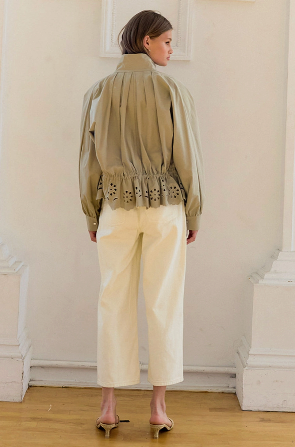 Pleated High-Neck Eyelet Scallop Jacket