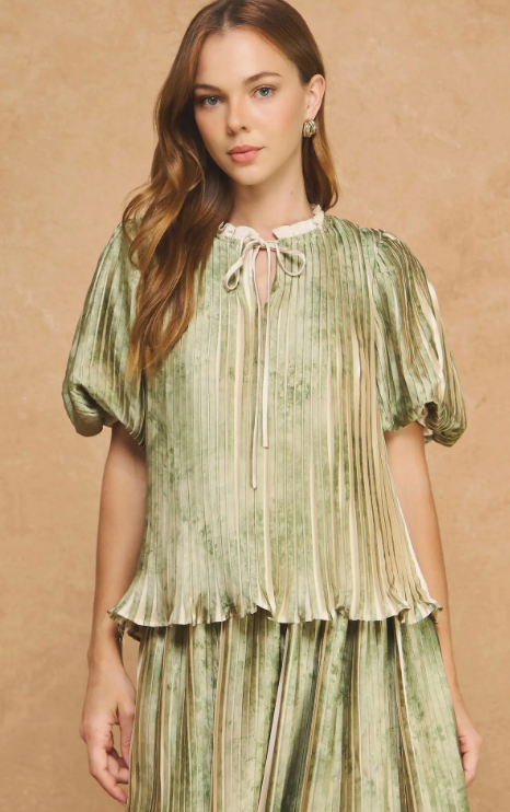 Noelle Pleated Puff Sleeve Satin Blouse